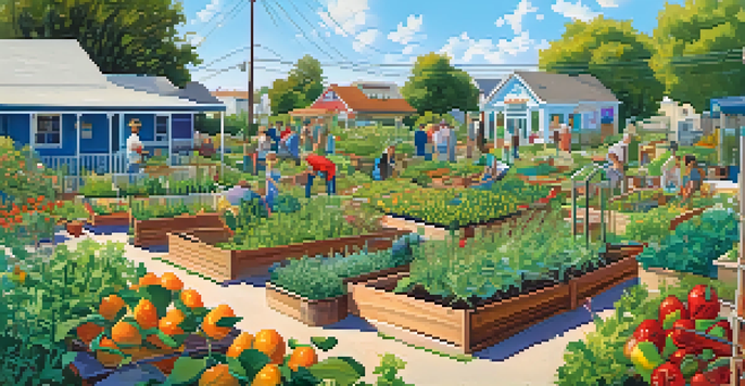 A lively community garden with people of various ages tending to colorful plants under a clear blue sky, surrounded by a white picket fence.