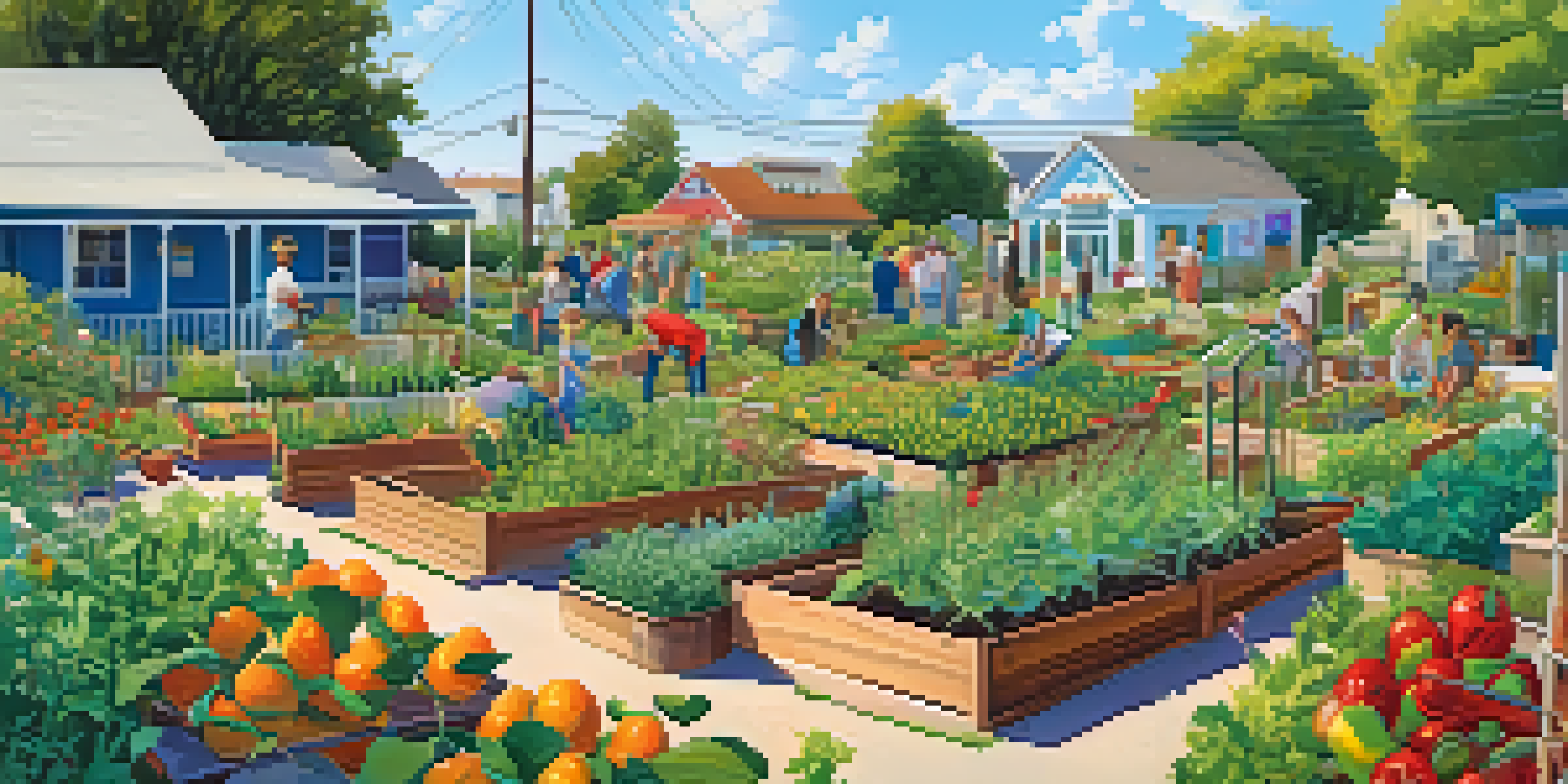 A lively community garden with people of various ages tending to colorful plants under a clear blue sky, surrounded by a white picket fence.