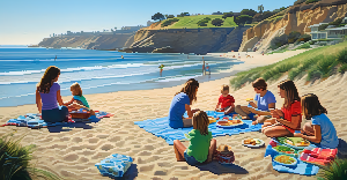 A family enjoying a picnic on the beach at La Jolla Shores, with children playing in the waves and a beautiful sunny sky.