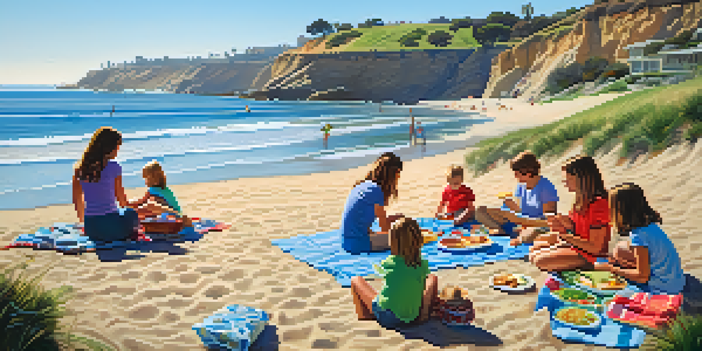 A family enjoying a picnic on the beach at La Jolla Shores, with children playing in the waves and a beautiful sunny sky.