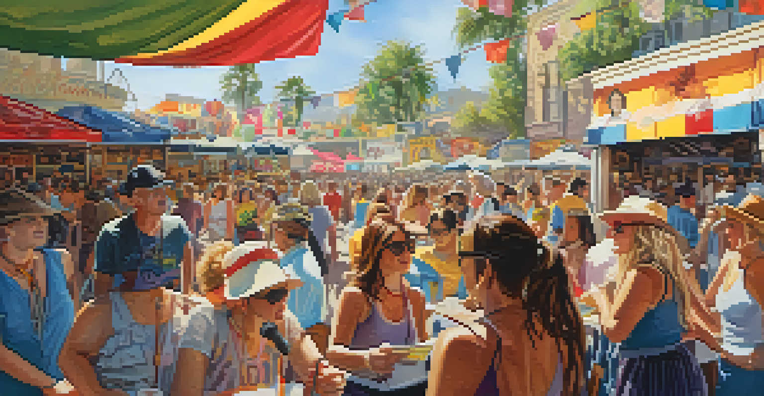 A vibrant theater festival with colorful decorations and attendees enjoying performances and art displays.