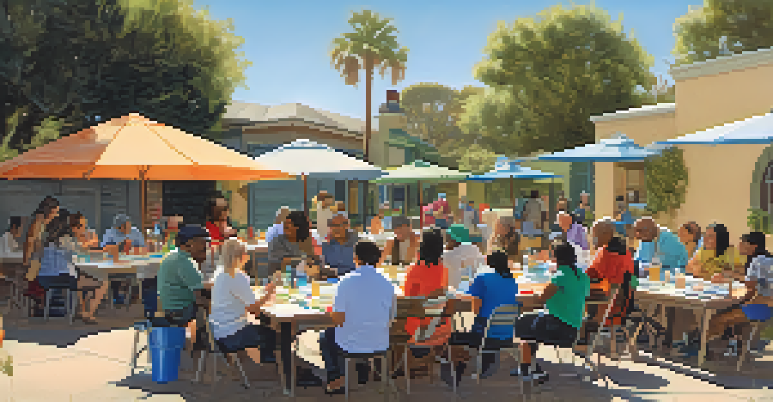 A diverse group of residents participating in an outdoor workshop about water conservation in San Diego, surrounded by informational materials.