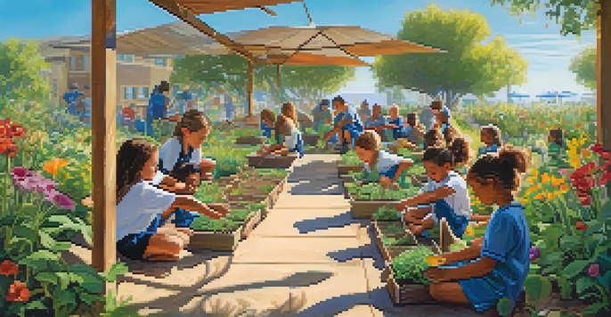 A lively outdoor classroom with children planting seeds in a garden, surrounded by flowers and greenery under a bright blue sky.