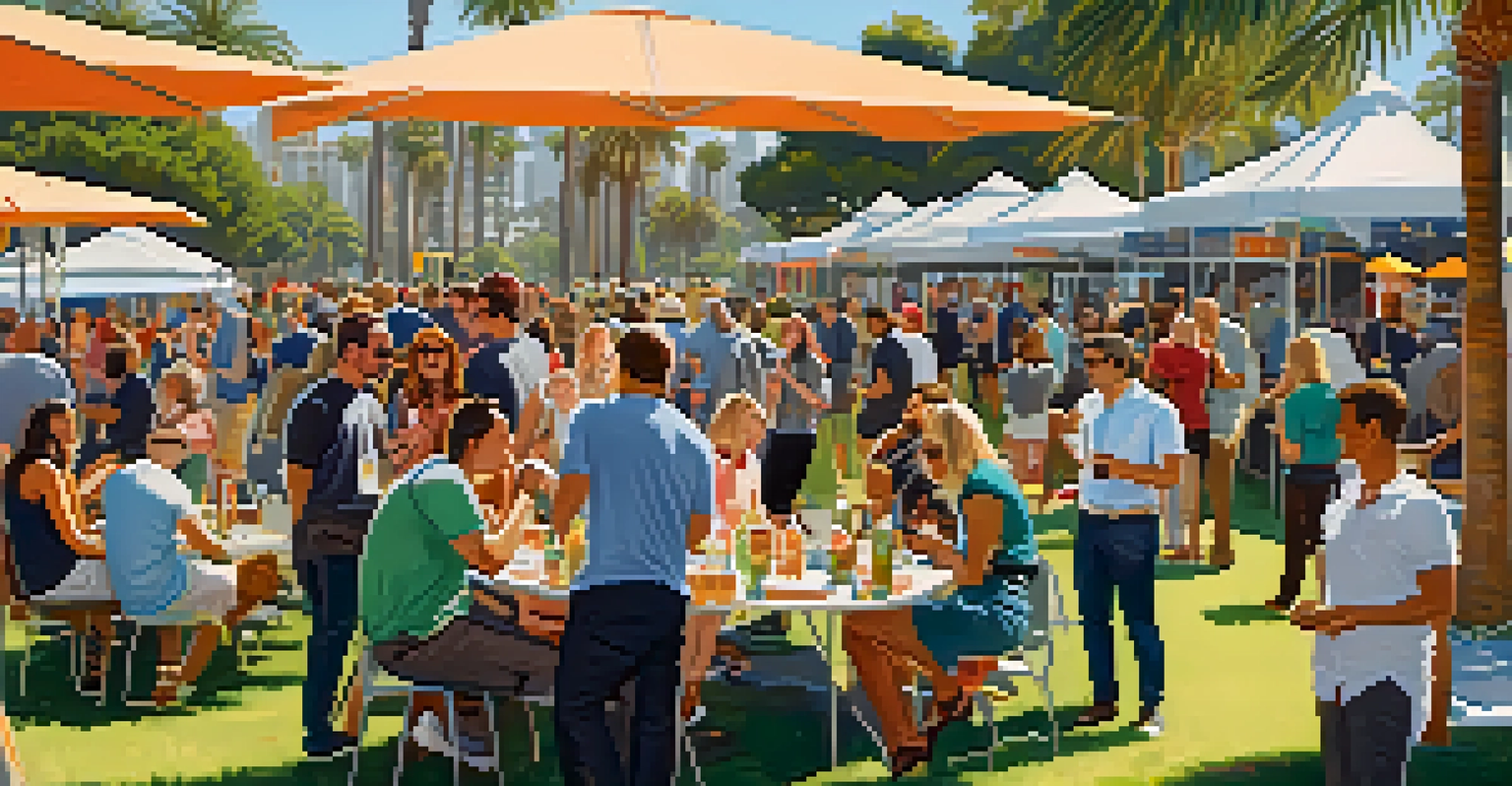 Entrepreneurs and investors networking at an outdoor event in a San Diego park, surrounded by palm trees and colorful banners.