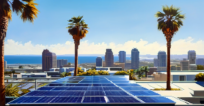 A rooftop in San Diego with solar panels, palm trees, and a cityscape in the background.
