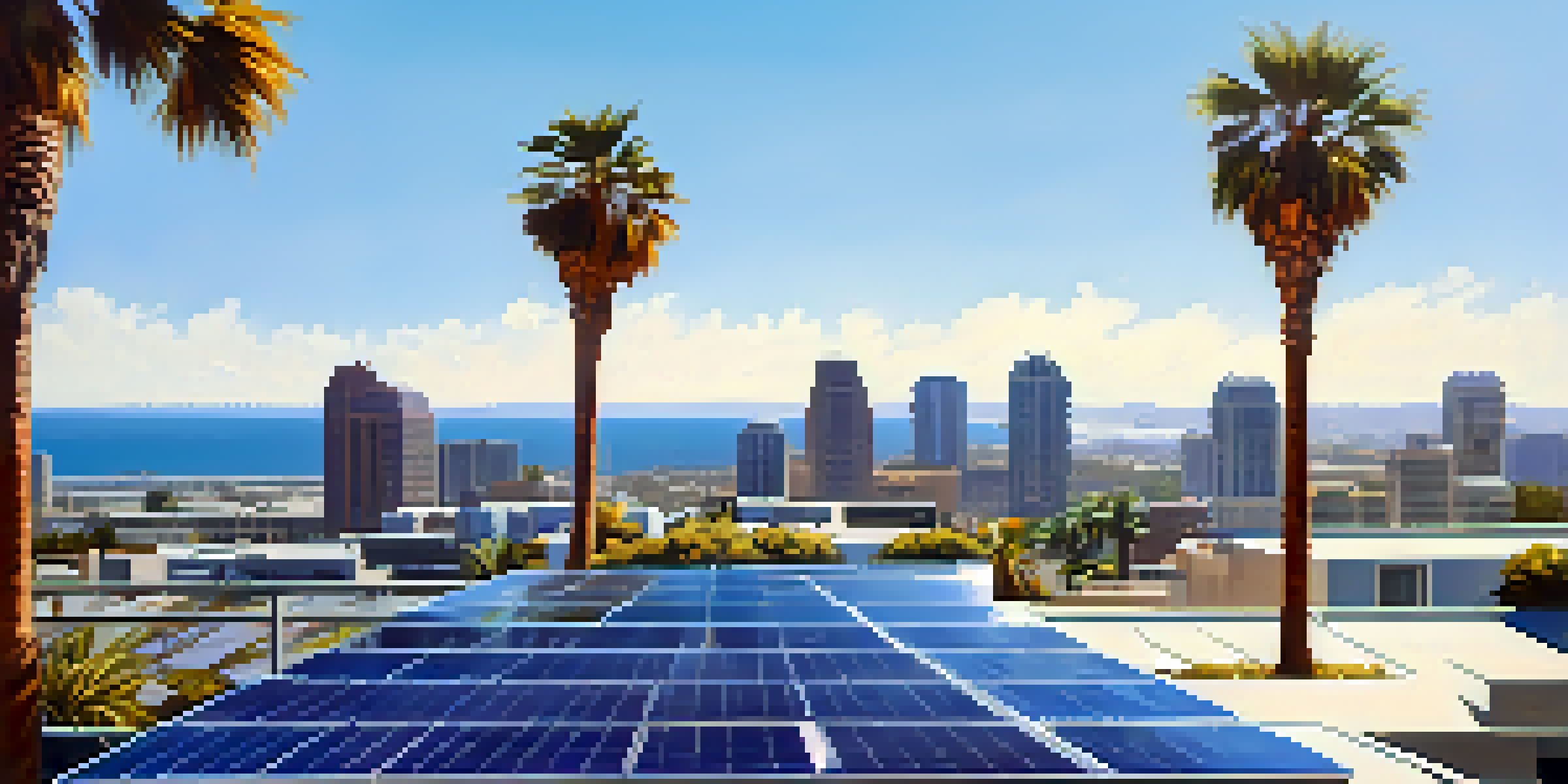 A rooftop in San Diego with solar panels, palm trees, and a cityscape in the background.