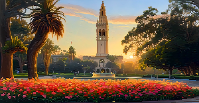 A beautiful sunrise at Balboa Park with the California Tower, colorful flowers, and wildlife.
