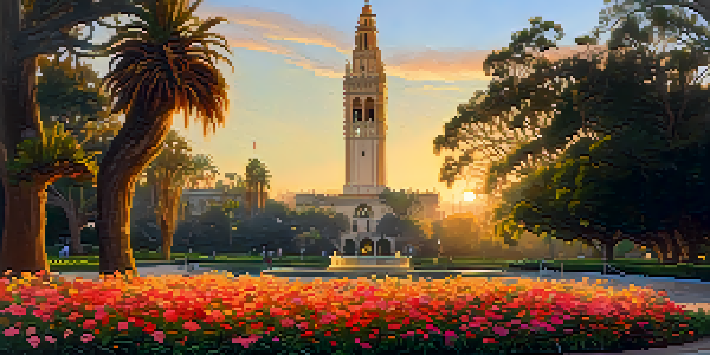A beautiful sunrise at Balboa Park with the California Tower, colorful flowers, and wildlife.