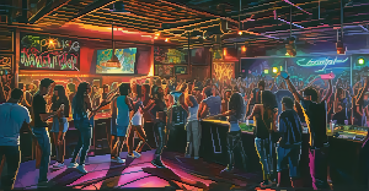 An underground nightclub scene at Bassmnt with people dancing, a DJ, and vibrant light displays creating an energetic atmosphere.