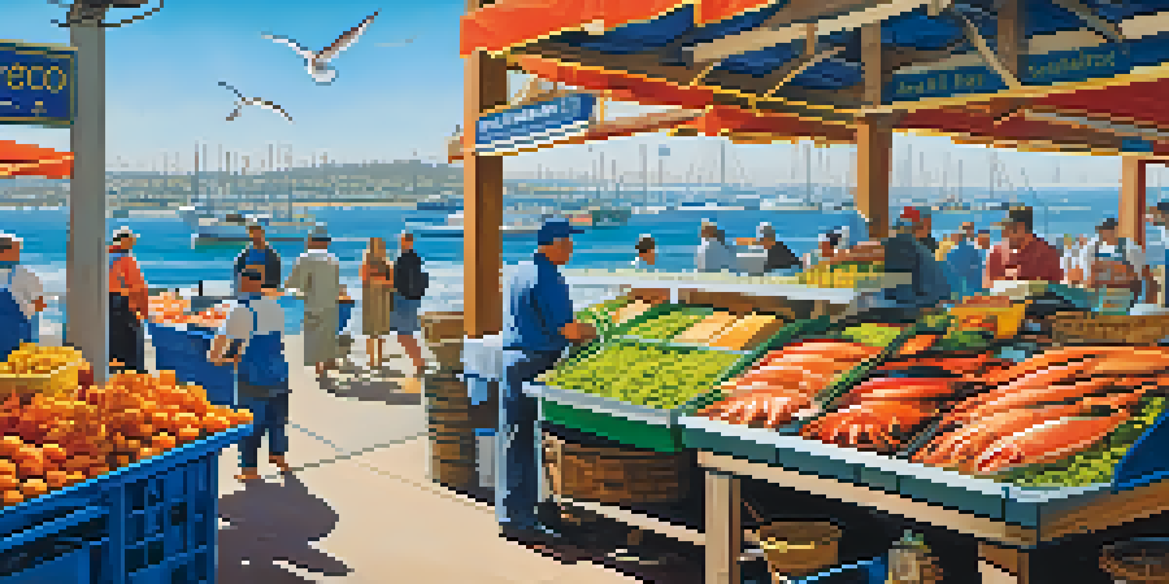A bustling seafood market in San Diego with local fishermen showcasing their fresh catches and vibrant produce, emphasizing sustainable practices.