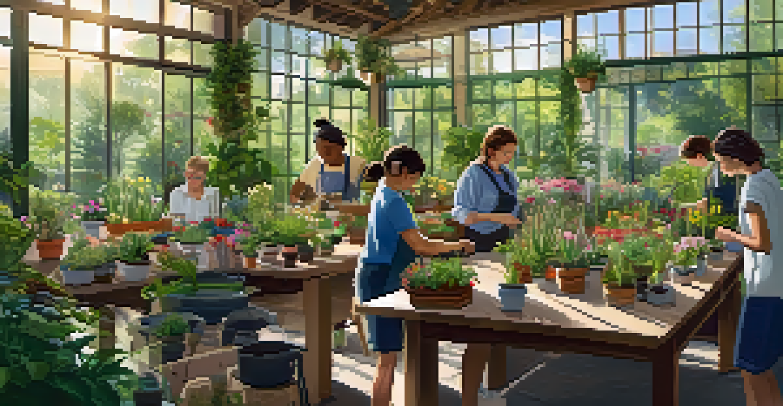 An educational workshop in a botanical garden with participants engaged in plant care activities, surrounded by lush greenery.