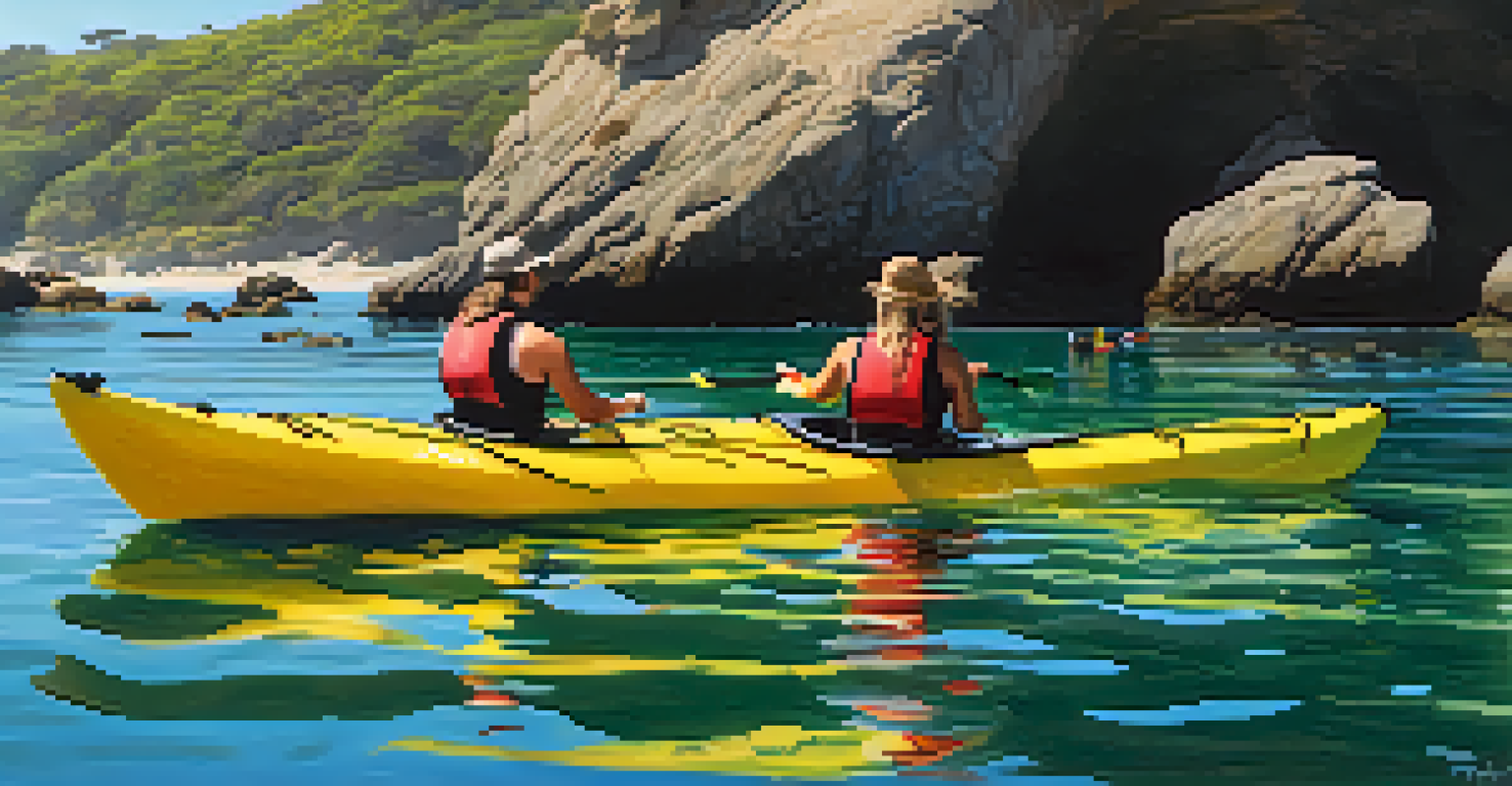 A group of kayakers on a guided tour through kelp forests in La Jolla, with sea lions on rocks and a guide sharing information.