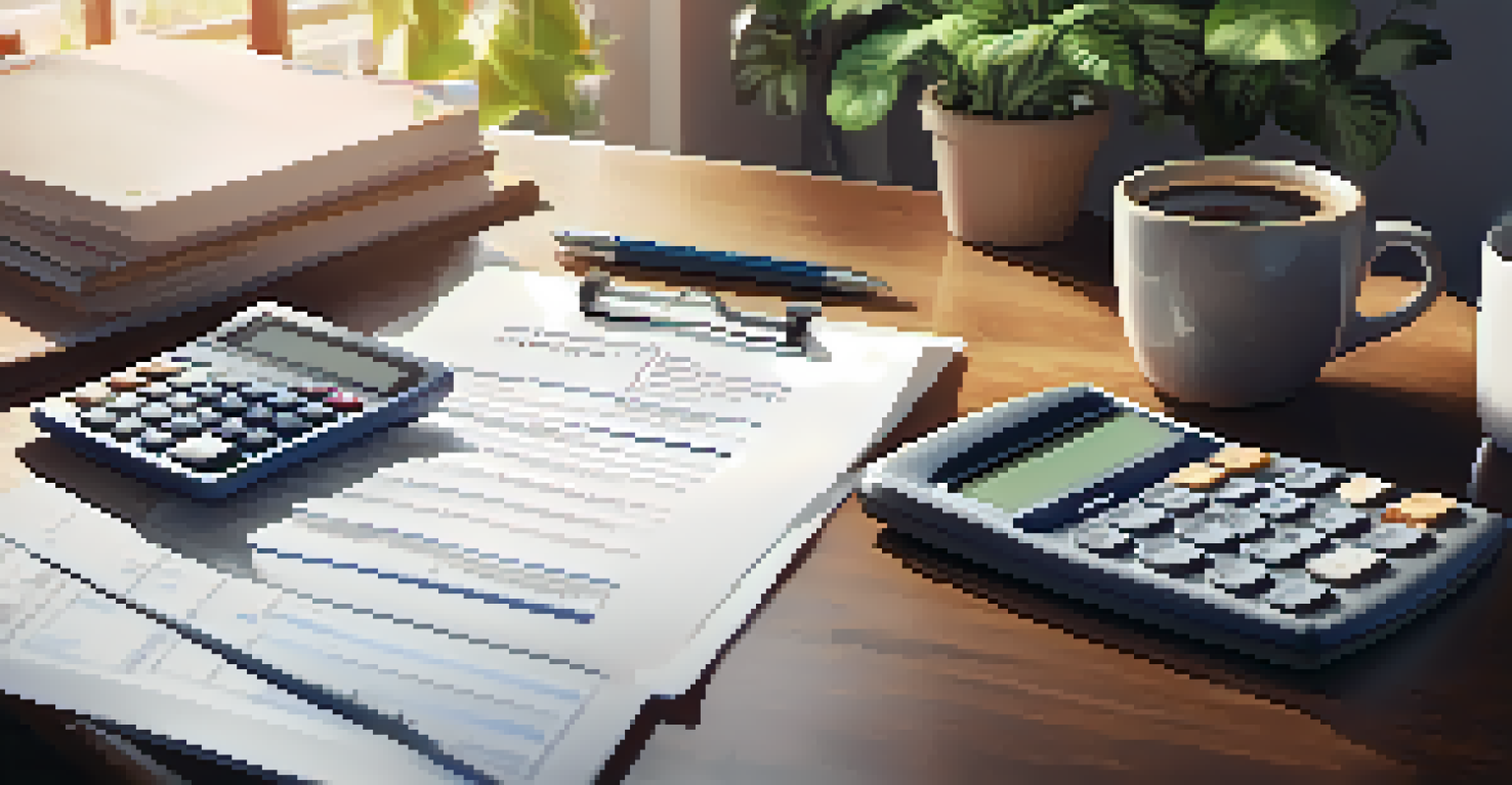 A close-up of a property tax bill on a wooden desk with a calculator, pen, and coffee cup, set in a cozy home office.