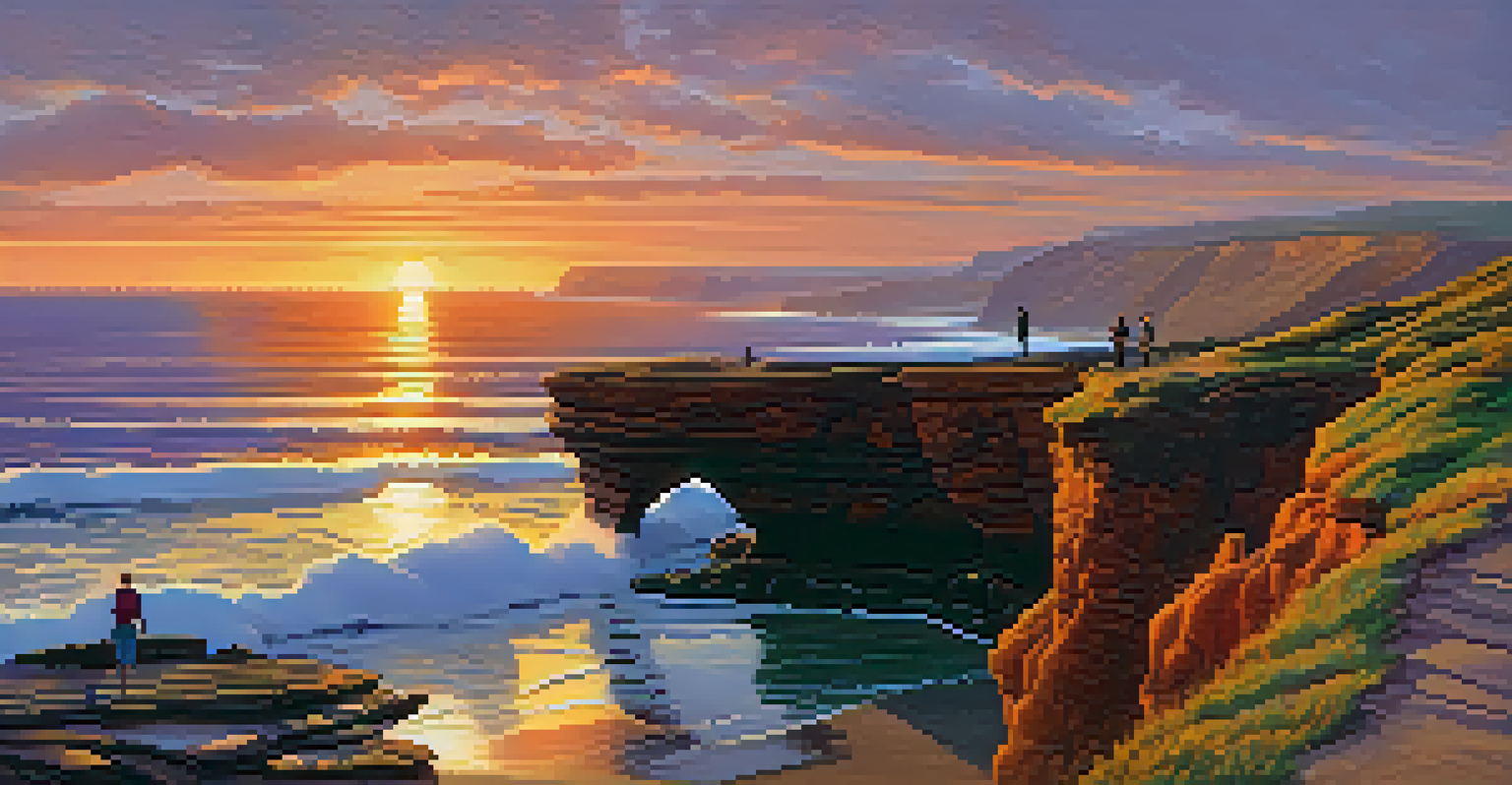 Sunset at Sunset Cliffs Natural Park with cliffs and ocean waves.