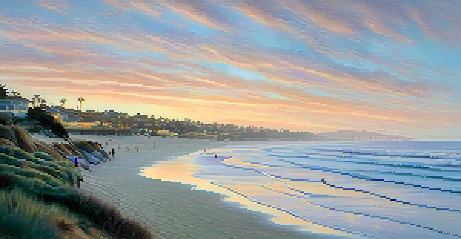A tranquil sunset view of La Jolla Shores, with families on the beach and surfers in the ocean under a pastel sky.