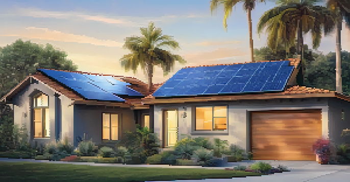 A modern home in San Diego with solar panels on the roof, palm trees in the background, and a battery storage unit nearby under a clear blue sky.