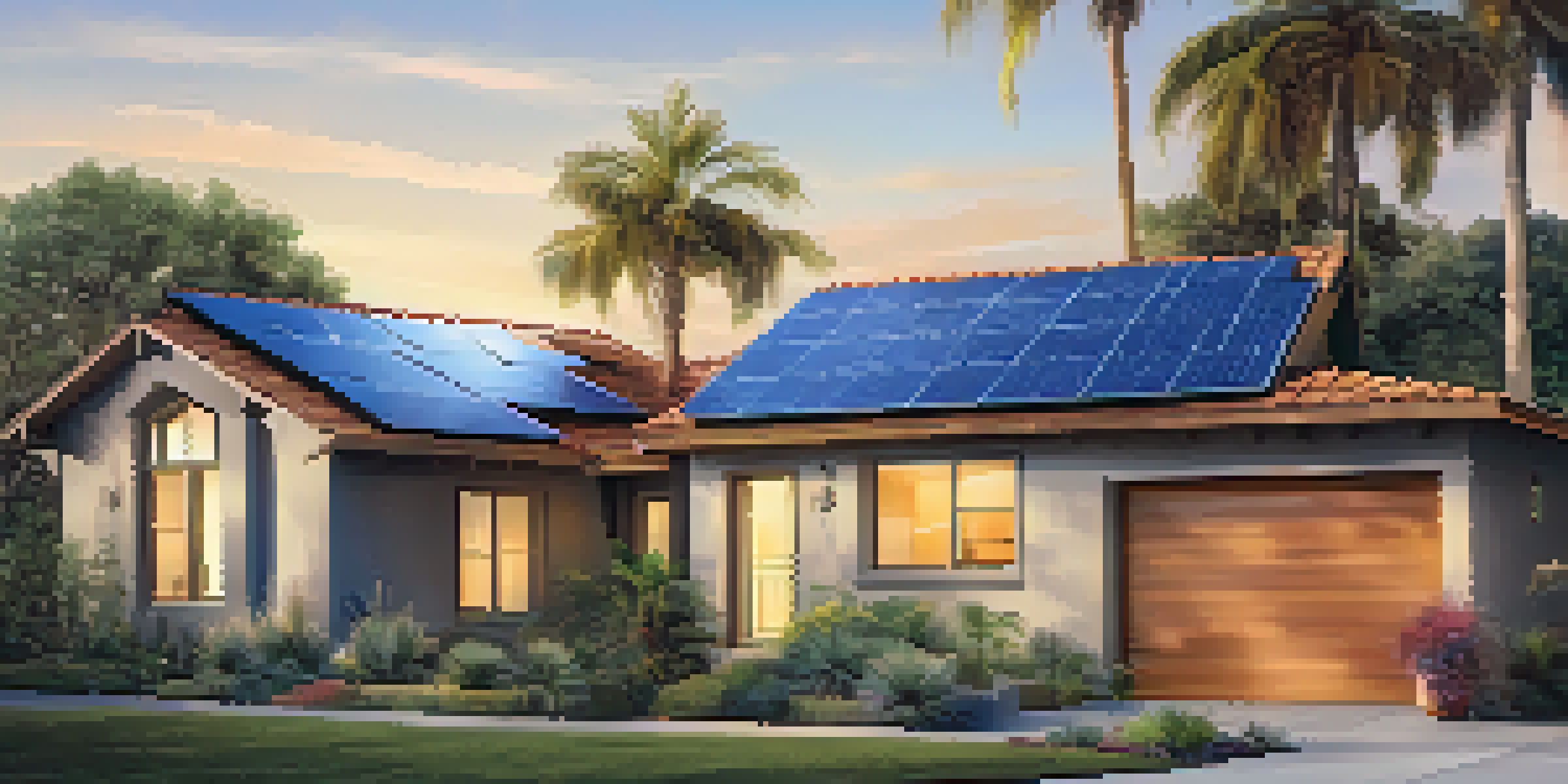 A modern home in San Diego with solar panels on the roof, palm trees in the background, and a battery storage unit nearby under a clear blue sky.