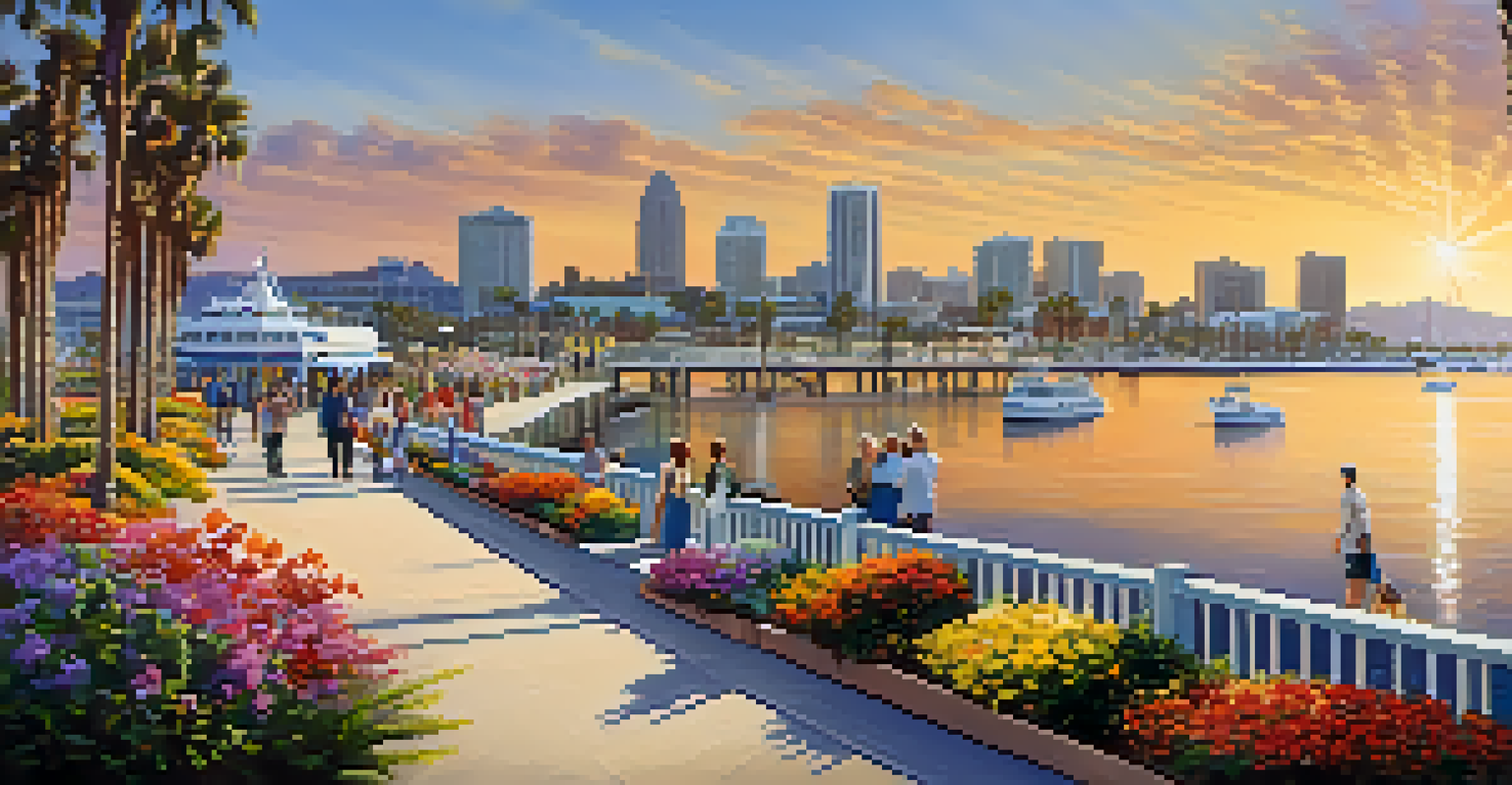 View of the Coronado Ferry Landing with the San Diego skyline and people enjoying the waterfront.