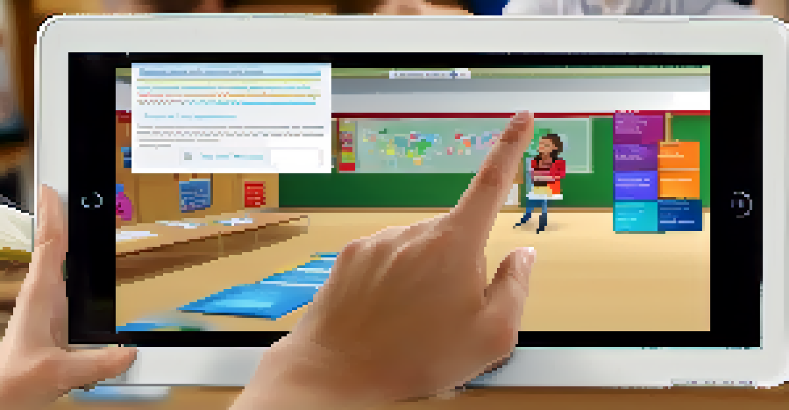 Close-up of a tablet with an interactive learning app, with a teacher's hand pointing at the screen and students in the background.