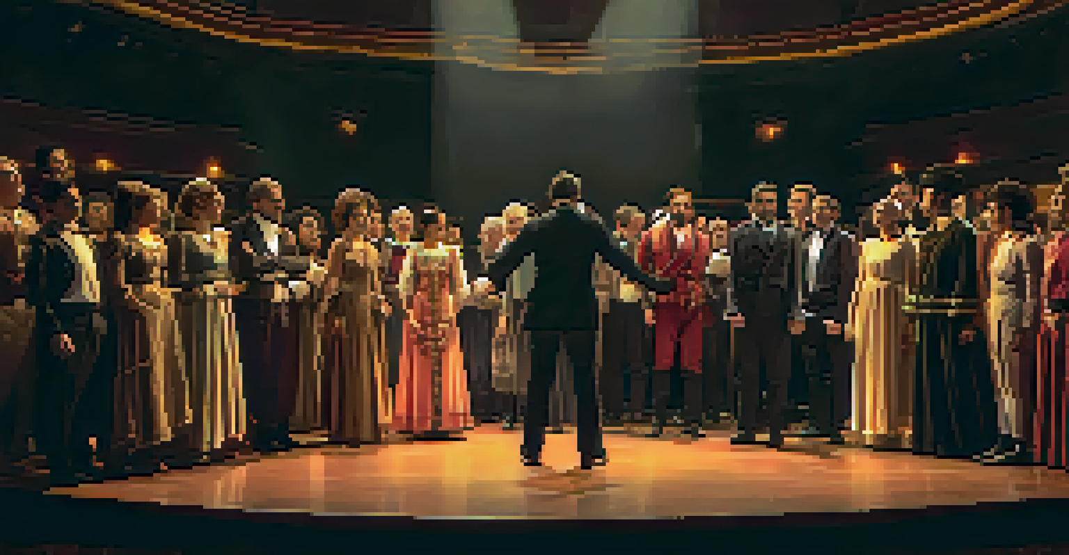 A diverse cast performing on stage in an intimate theatre, with an engaged audience in the foreground.