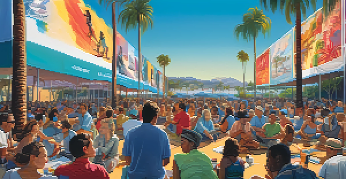 A lively outdoor festival atmosphere with filmmakers and audience members discussing under colorful banners and palm trees in the background.