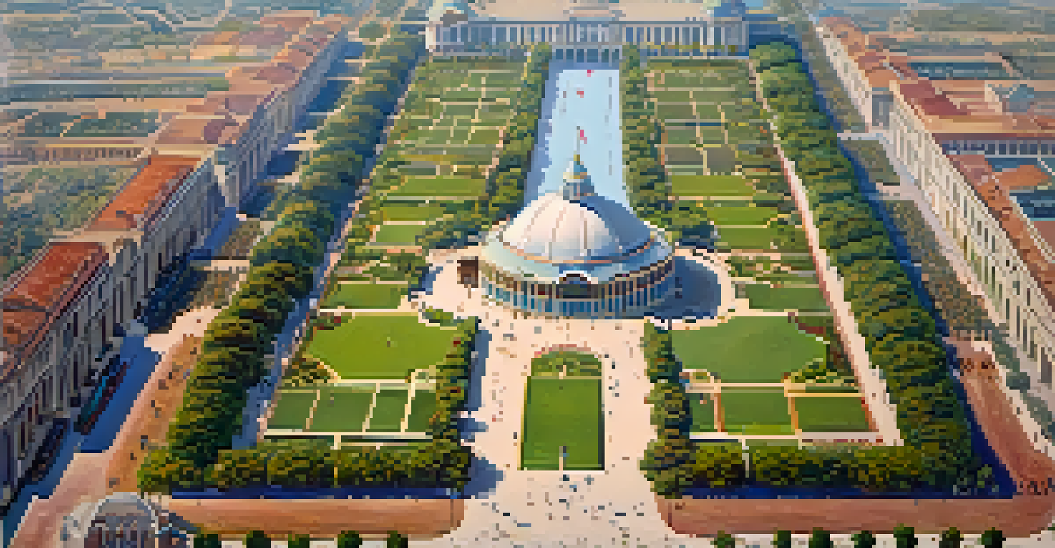 An aerial view of the Panama-California Exposition fairgrounds, with crowds enjoying pavilions and gardens under a clear sky.