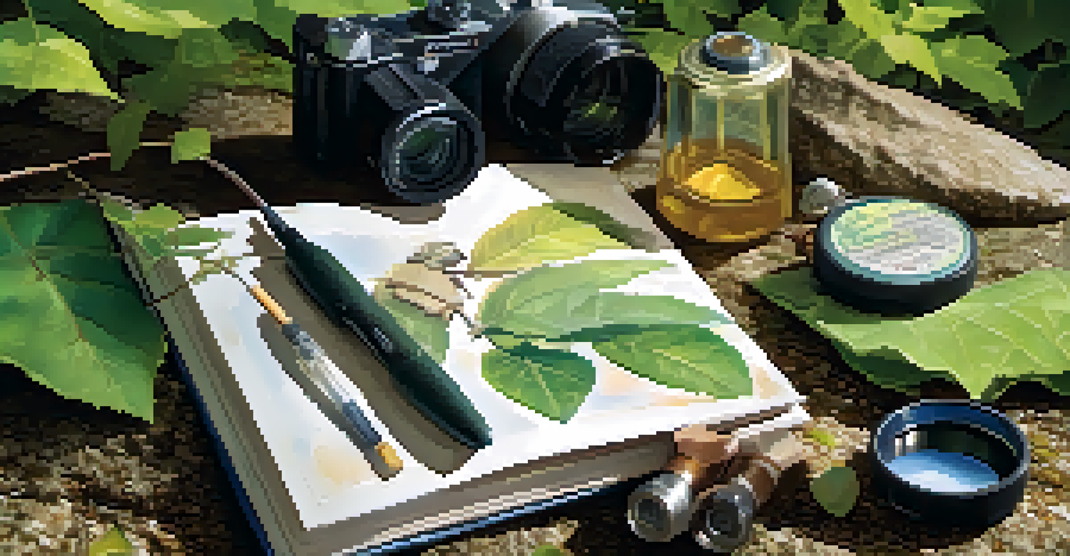 A nature kit for kids on a hiking trail, including a journal and magnifying glass, surrounded by greenery.