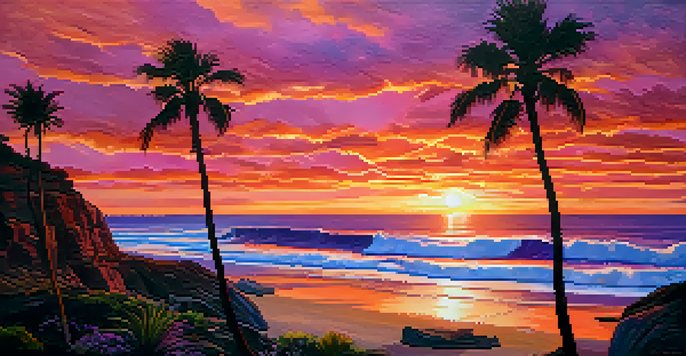 A stunning sunset at Sunset Cliffs with vibrant colors in the sky and ocean waves crashing against the rocks.