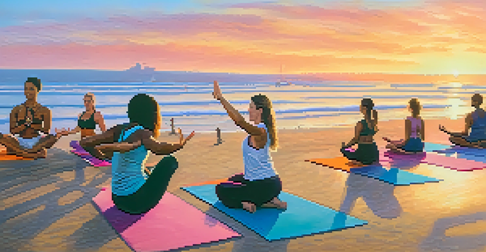 A diverse group of people practicing yoga on the beach at sunrise, with colorful mats and gentle ocean waves in the background.