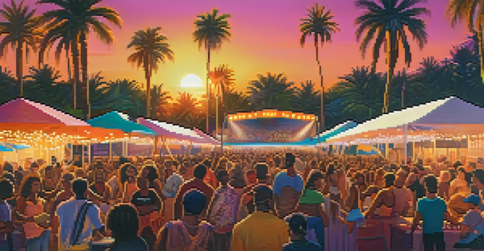 A lively outdoor music festival at sunset with a diverse crowd enjoying performances and colorful lights illuminating the stage.