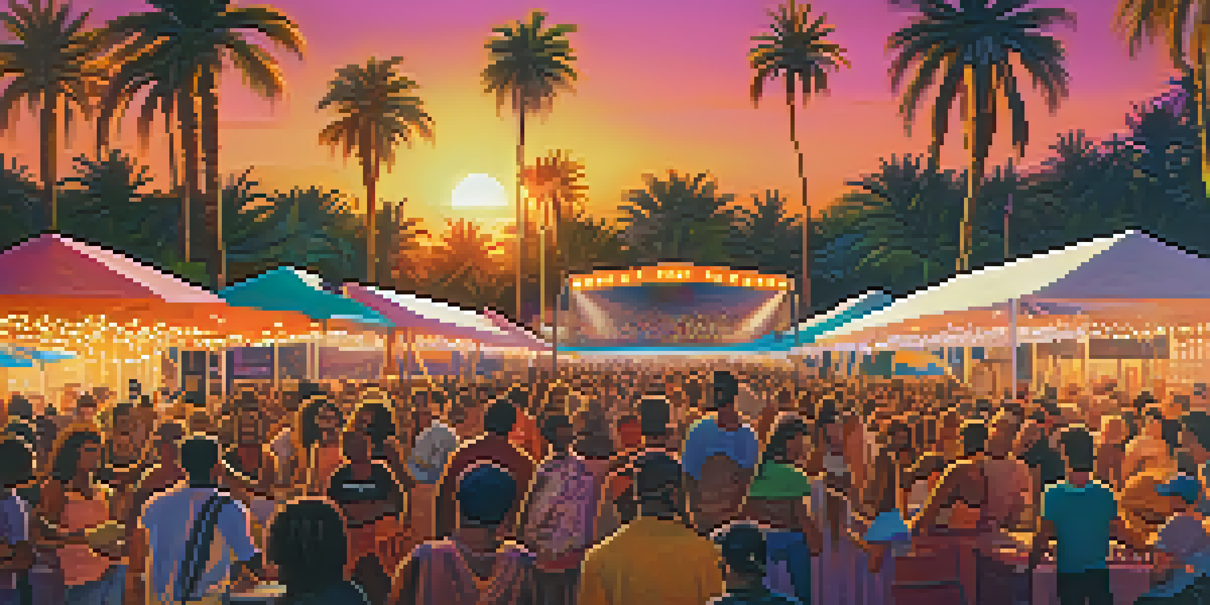 A lively outdoor music festival at sunset with a diverse crowd enjoying performances and colorful lights illuminating the stage.