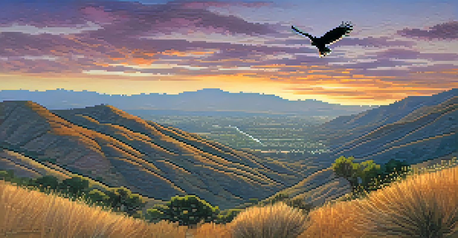 A stunning dusk view of a park with a Red-tailed Hawk soaring above rolling hills and hikers on the trails.