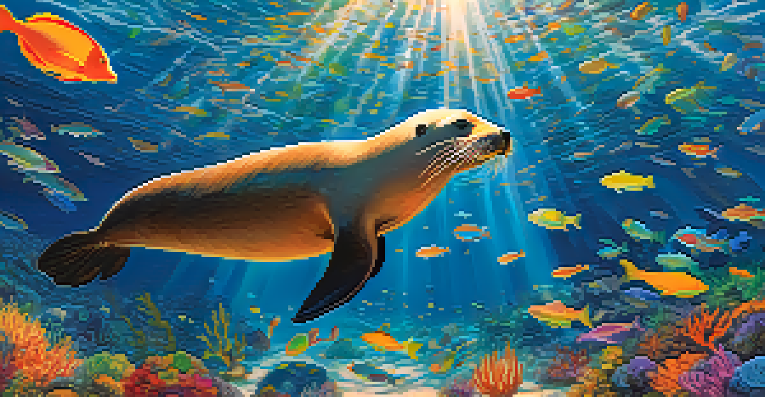 A sea lion swimming underwater surrounded by fish, with sunlight creating patterns on the ocean floor.