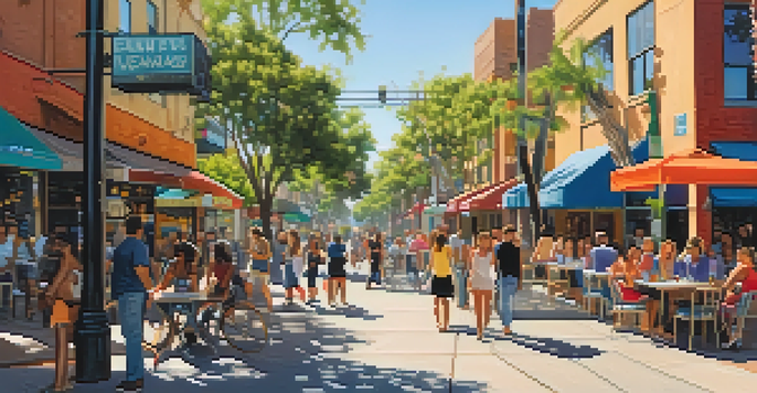 A lively street in East Village, San Diego, filled with shops, cafes, and people, under bright sunlight.
