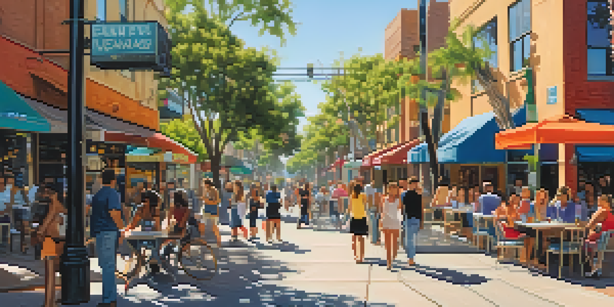 A lively street in East Village, San Diego, filled with shops, cafes, and people, under bright sunlight.