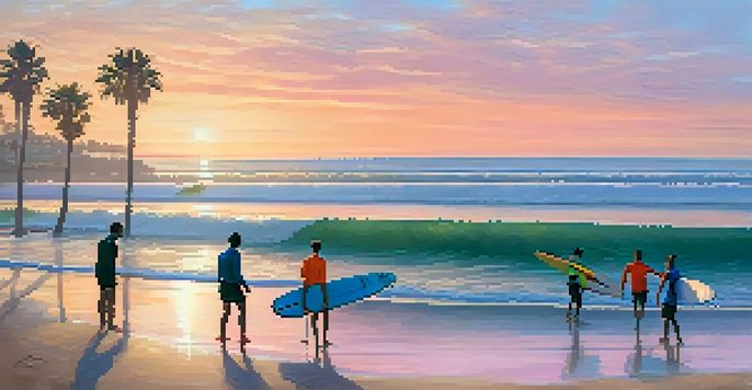 A group of beginner surfers practicing on soft-top boards during a sunset at La Jolla Shores, with an instructor and palm trees in the background.