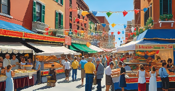 A lively street filled with food stalls and people celebrating the Feast of San Gennaro in Little Italy, with a vendor serving cannoli.
