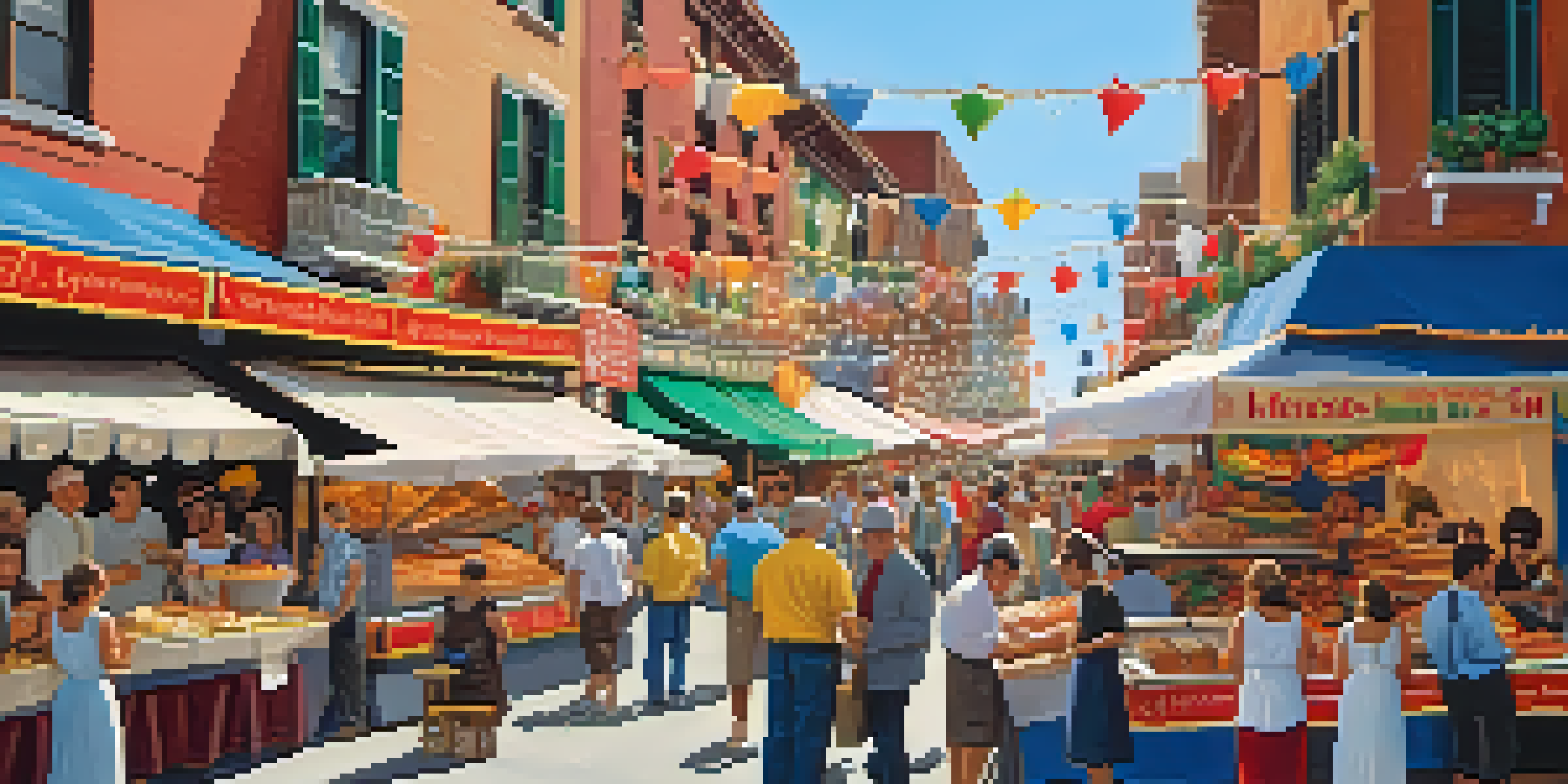 A lively street filled with food stalls and people celebrating the Feast of San Gennaro in Little Italy, with a vendor serving cannoli.