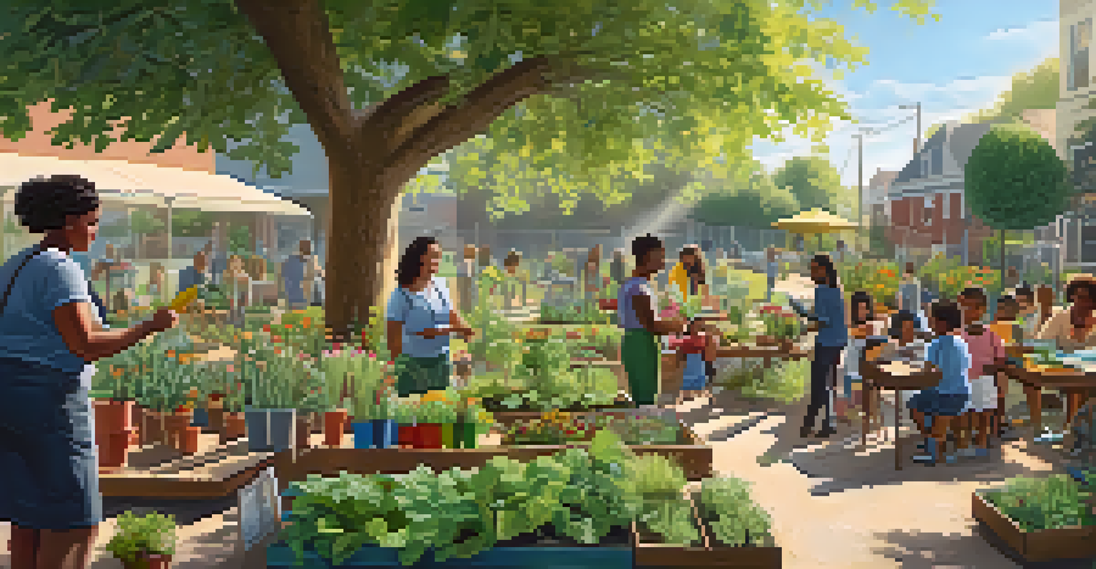A community gardening workshop with people of all ages learning gardening skills in a sunny garden setting.