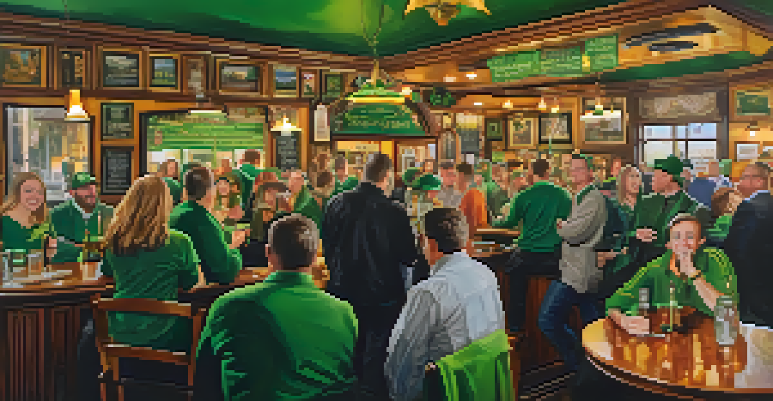 A bustling Irish pub during St. Patrick's Day filled with patrons enjoying food and live music.