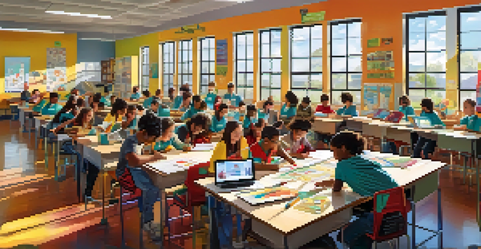 A lively classroom with diverse students collaborating on a robotics project, surrounded by educational posters and bright sunlight.