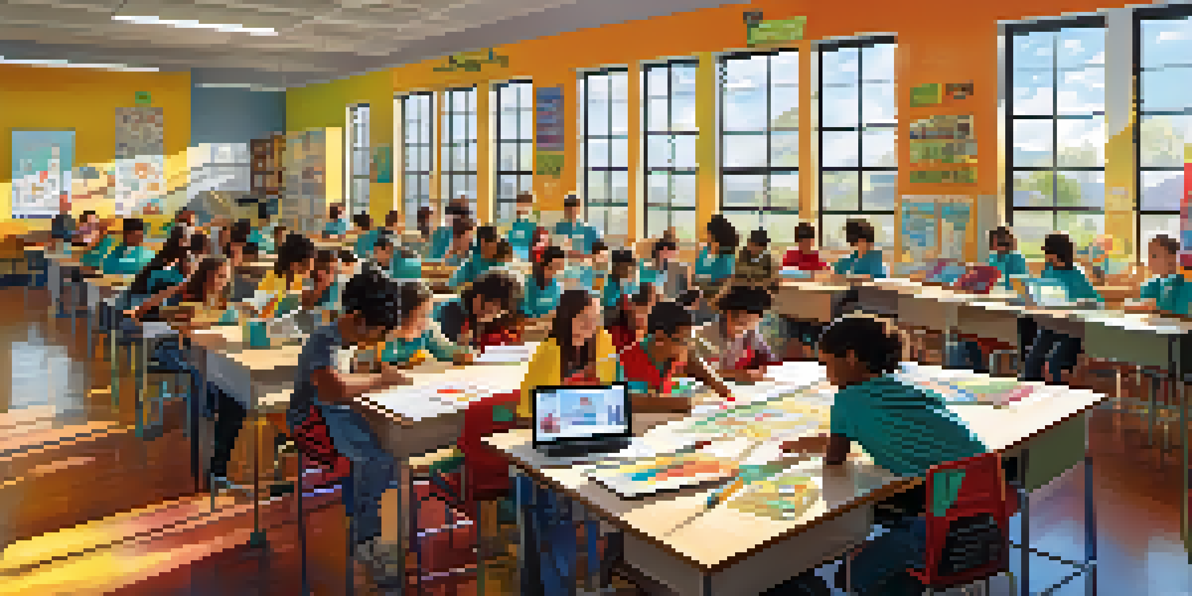 A lively classroom with diverse students collaborating on a robotics project, surrounded by educational posters and bright sunlight.