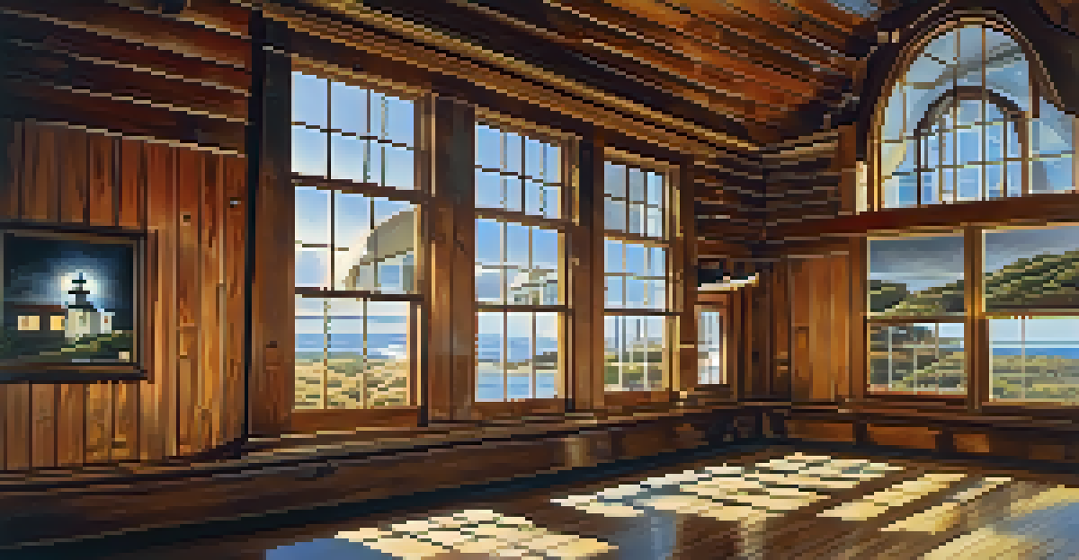 An interior view of the Old Point Loma Lighthouse featuring the original Fresnel lens with light patterns on the walls.