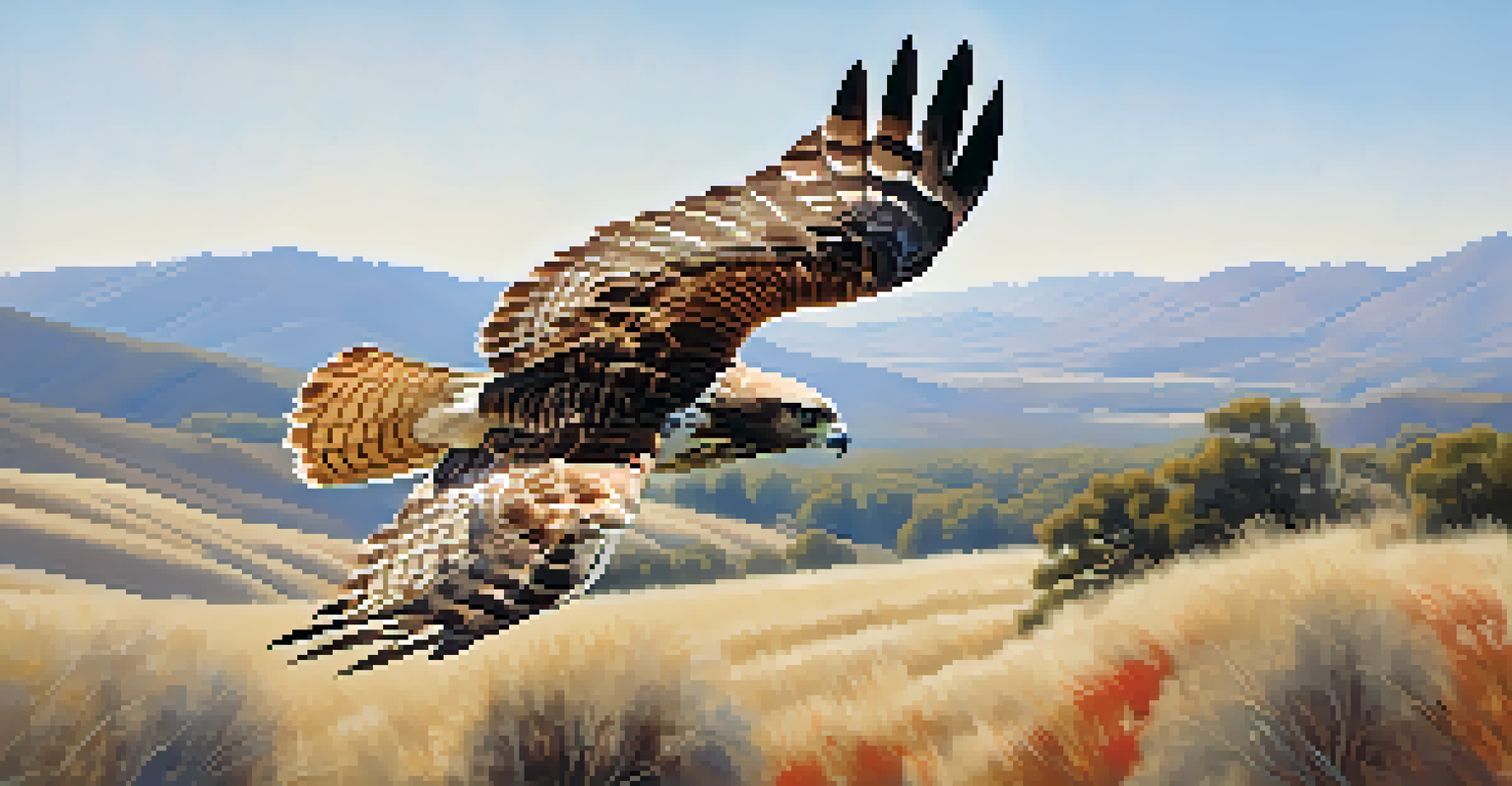 A Red-tailed Hawk gliding in the sky above a scenic landscape of hills and open fields.