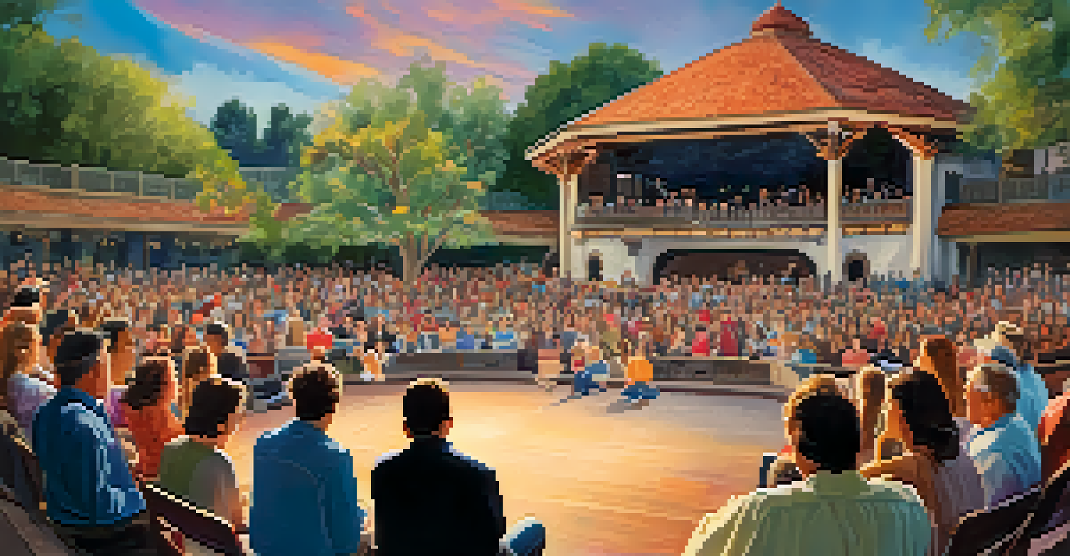 An outdoor theater performance at the Old Globe Theatre, with an engaged audience enjoying a play.