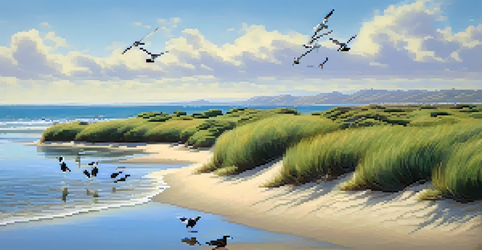 A beautiful coastal view in San Diego with various migratory birds, clear blue skies, and gentle waves.