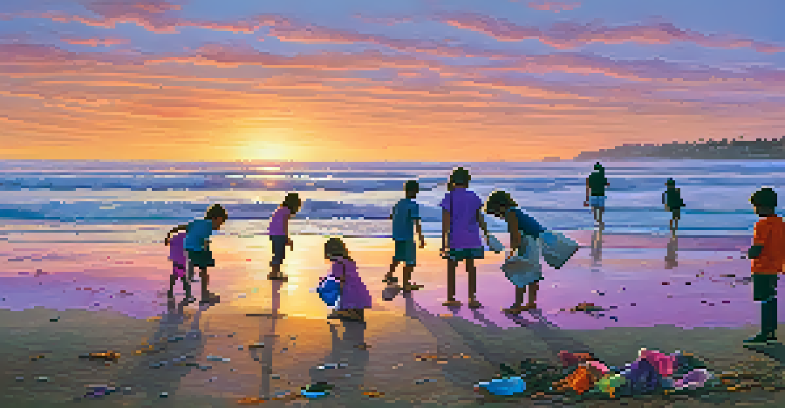 Children collecting litter on a San Diego beach at sunset, with colorful skies and gentle ocean waves in the background.