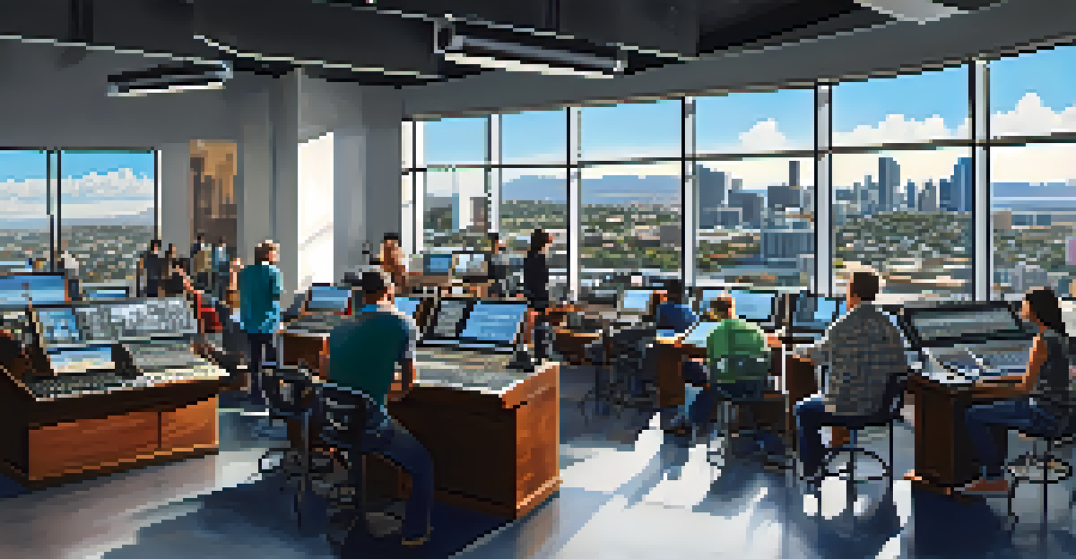 A modern depiction of San Diego's film industry, showcasing diverse filmmakers in a high-tech studio with a view of the city skyline.