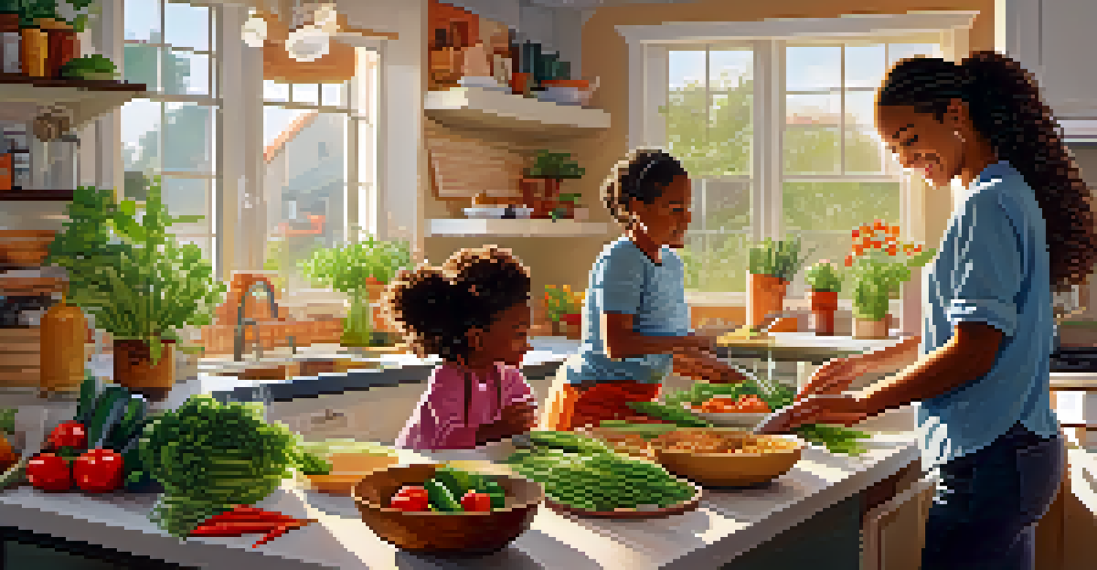 A family in a kitchen preparing a healthy plant-based meal together with fresh ingredients and sunlight streaming through the window.