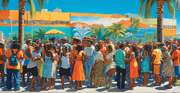 A colorful mural showing a diverse community gathering in San Diego, with people interacting and celebrating against an urban backdrop.